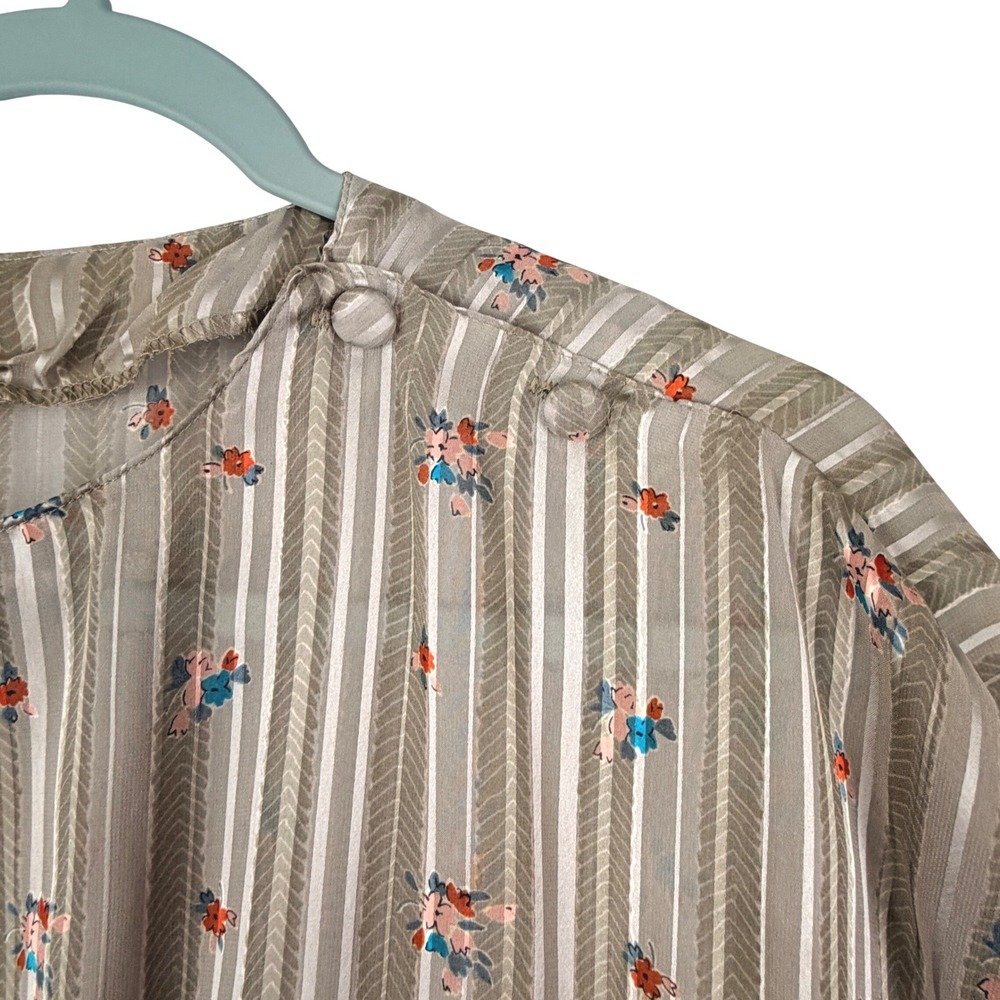 VTG 70s Jonathan Martin 80 S SHEER Beige Striped Floral Banded Crop Waist Blouse - Picture 6 of 12